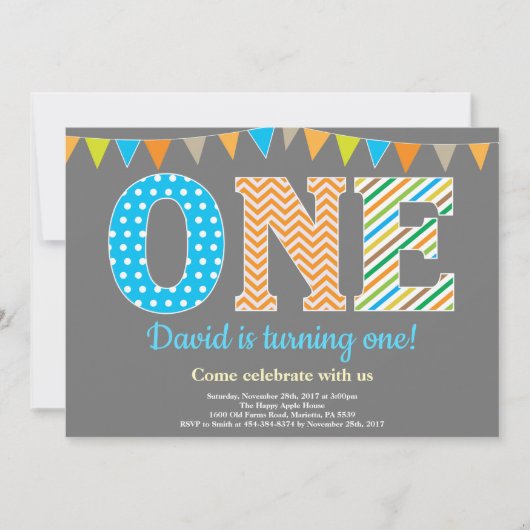 1歳の誕生日招待状。ボーイファースト誕生日 招待状 (正面)