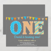 1歳の誕生日招待状。ボーイファースト誕生日 招待状 (正面/裏面)