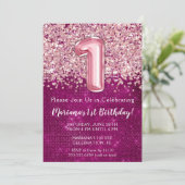 1歳の誕生日招待状 女の子用 マゼンタ ピンク グリッター 招待状 (スタンド正面)