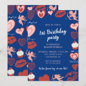 1歳の誕生日招待状 青 ハートがかわいい 招待状 (正面/裏面)