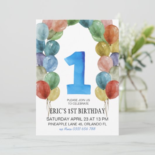 1歳の誕生日招待状、1歳の誕生日の男の子、バルーン 招待状 (スタンド正面)