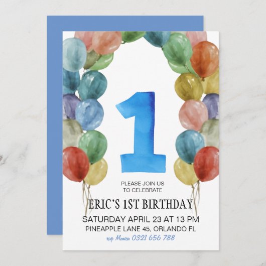 1歳の誕生日招待状、1歳の誕生日の男の子、バルーン 招待状 (正面/裏面)