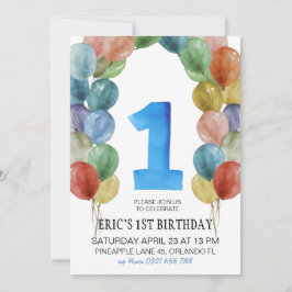 1歳の誕生日招待状、1歳の誕生日の男の子、バルーン 招待状