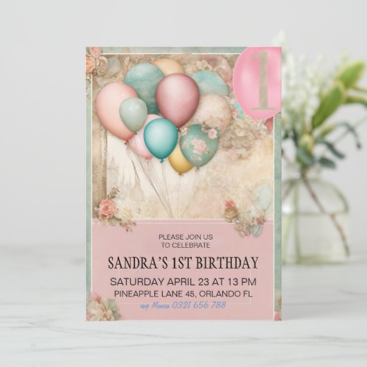 1歳の誕生日招待状、1歳の誕生日GIRl、バルーン 招待状 (スタンド正面)