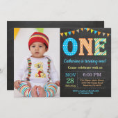 1歳の誕生日招待状。Boy First誕生日写真 招待状 (正面/裏面)