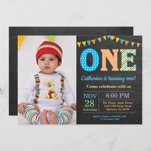 1歳の誕生日招待状。Boy First誕生日写真 招待状 (正面/裏面)