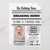 1歳の誕生日新聞テーマの男の子と女の子の雑誌 招待状 (正面/裏面)