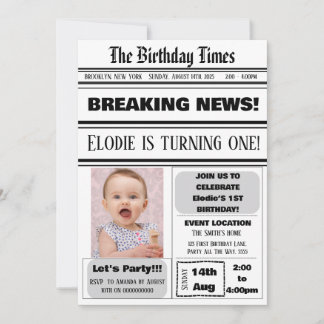 1歳の誕生日新聞テーマの男の子と女の子の雑誌 招待状