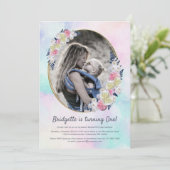 1歳の誕生日春ピンクブルーフローラガールフォト 招待状 (スタンド正面)