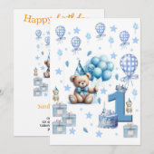 1歳の誕生日男の子テディベア青招待状 招待状 (正面/裏面)