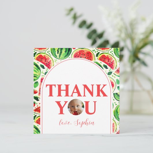 1歳の誕生日記念に！メロンの中の赤ちゃん写真 1歳誕生日 サンキューカード (スタンド正面)