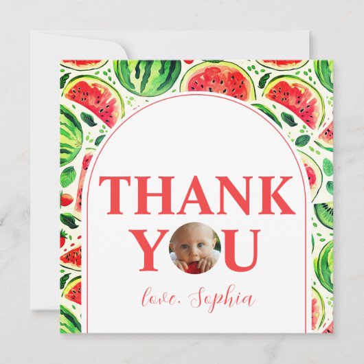 1歳の誕生日記念に！メロンの中の赤ちゃん写真 1歳誕生日 サンキューカード (正面)