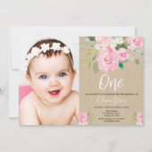 1歳の誕生日赤面のピンク·ラスティック·クラフト·フローラ写真 招待状 (正面)