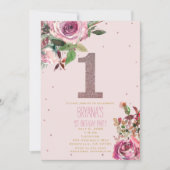 1歳の誕生日赤面ピンクローズ金ゴールドフローラ モダン 招待状 (正面)