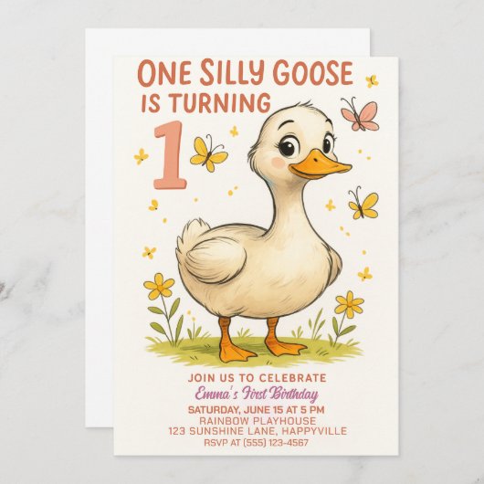 1歳の誕生日間抜けガチョウ 招待状 (正面/裏面)