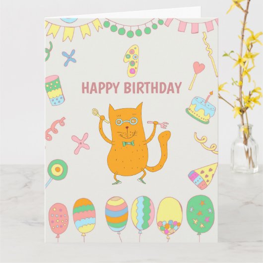 1歳の誕生日風船と赤猫。 カード (黄色い花)