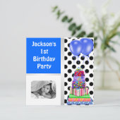 1歳の誕生日風船ギフト 黒&白 青 招待状 (スタンド正面)