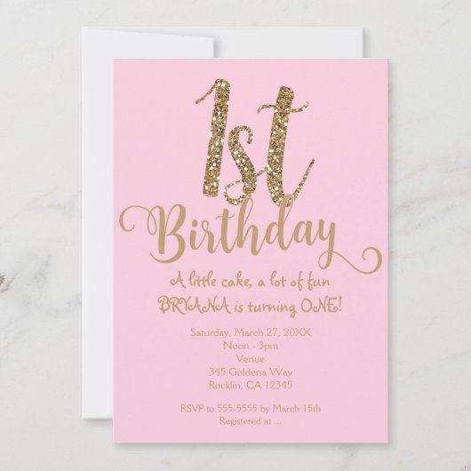 1歳の誕生日1ピンクと金ゴールドパーティーワン招待状 招待状 (正面)