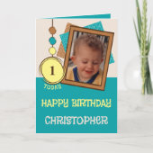 1歳の誕生日1今日の名前フォトターコイズブラウン カード (正面)