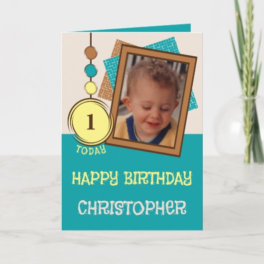 1歳の誕生日1今日の名前フォトターコイズブラウン カード (正面)