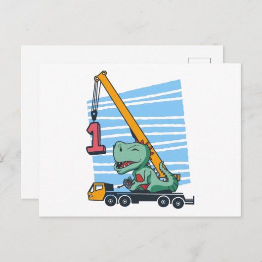 1歳の誕生日1年間の移動式クレーン恐竜 ポストカード (正面/裏面)