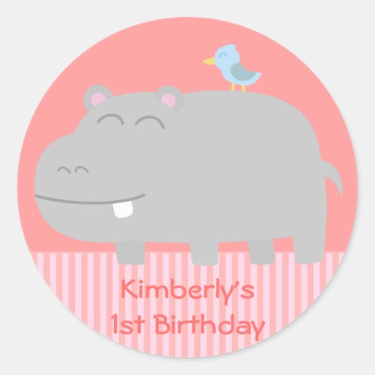1歳の誕生日: かわいいカバと青い鳥のキャラクター ラウンドシール (正面)