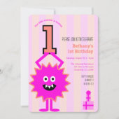 1歳の誕生日 かわいいピンクのモンスター お誕生日おめでとう 招待状 (正面)