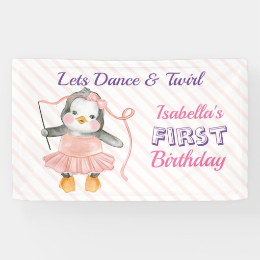 1歳の誕生日 かわいいペンギンバレリーナ ピンク 横断幕 (横)