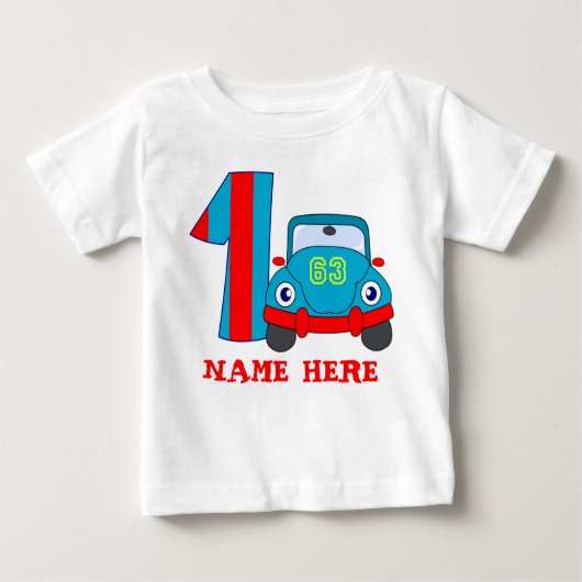 1歳の誕生日、かわいい車 ベビーTシャツ (正面)