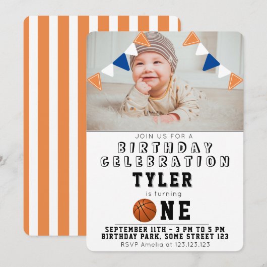1歳の誕生日 かわいい バスケットボール ボール 子供 写真 招待状 (正面/裏面)
