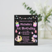 1歳の誕生日 カラフルなユニコーン ケーキ 黒 招待状 (スタンド正面)