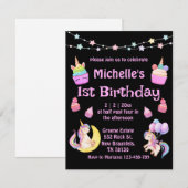 1歳の誕生日 カラフルなユニコーン ケーキ 黒 招待状 (正面/裏面)