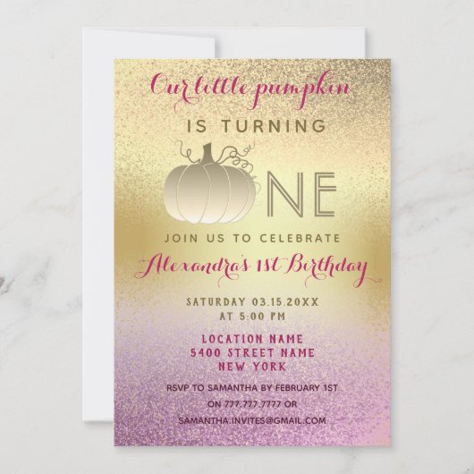1歳の誕生日 グリッター ピンク ゴールド 私たちの小さなパンプキン 招待状 (正面)
