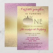 1歳の誕生日 グリッター ピンク ゴールド 私たちの小さなパンプキン 招待状 (正面/裏面)