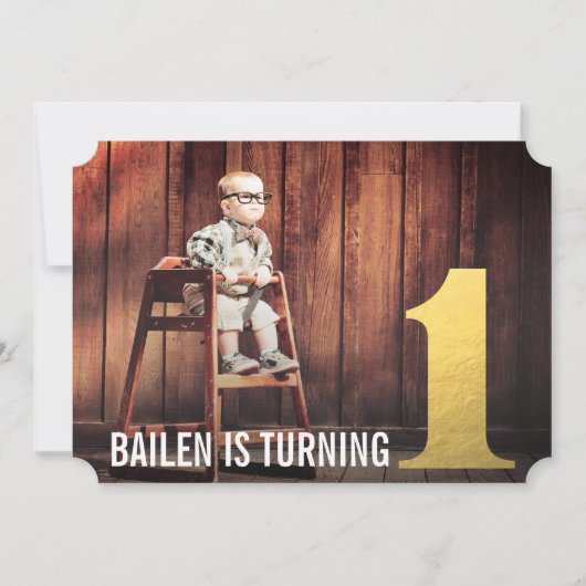 1歳の誕生日 ゴールド ナンバー ワン フォト 招待状 (正面)