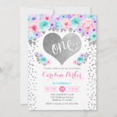 1歳の誕生日 – シルバーハートティール（緑がかった色）パープルピンク 招待状 (正面)