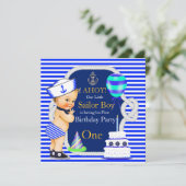 1歳の誕生日 セーラー少年 ネイビーブルーのストライプ 金髪 招待状 (スタンド正面)
