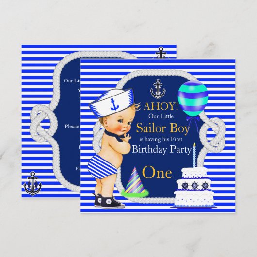 1歳の誕生日 セーラー服 男の子 ネイビーブルーストライプ ブロンド 招待状 (正面/裏面)