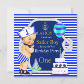 1歳の誕生日 セーラー服 男の子 ネイビーブルーストライプ ブロンド 招待状 (正面)