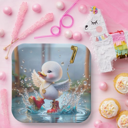 1歳の誕生日 ダンスを踊るアヒル 雨の水たまりで ペーパープレート (パーティー)