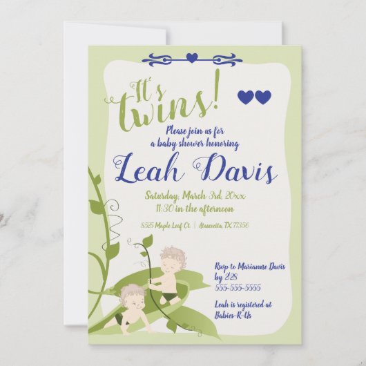 1歳の誕生日、ツインズベイビーシャワー甘いエンドウ豆の男の子 招待状 (正面)