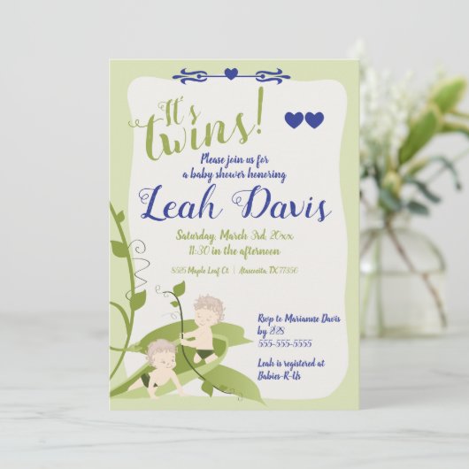 1歳の誕生日、ツインズベイビーシャワー甘いエンドウ豆の男の子 招待状 (スタンド正面)