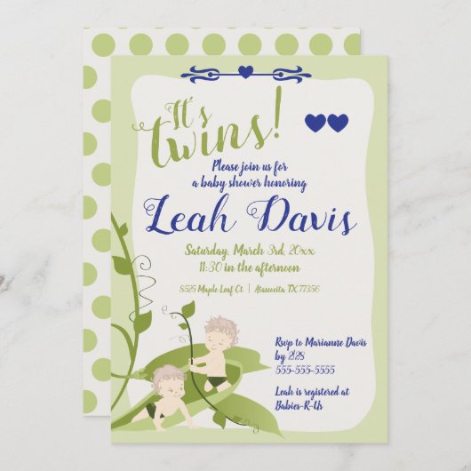 1歳の誕生日、ツインズベイビーシャワー甘いエンドウ豆の男の子 招待状 (正面/裏面)