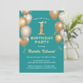 1歳の誕生日 ティールとゴールドのグリッターバルーン 招待状 (スタンド正面)