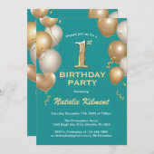 1歳の誕生日 ティールとゴールドのグリッターバルーン 招待状 (正面/裏面)