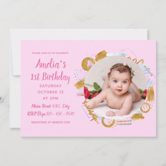 1歳の誕生日 – デリケートな金ゴールドとピンクの写真立て 招待状 (正面)