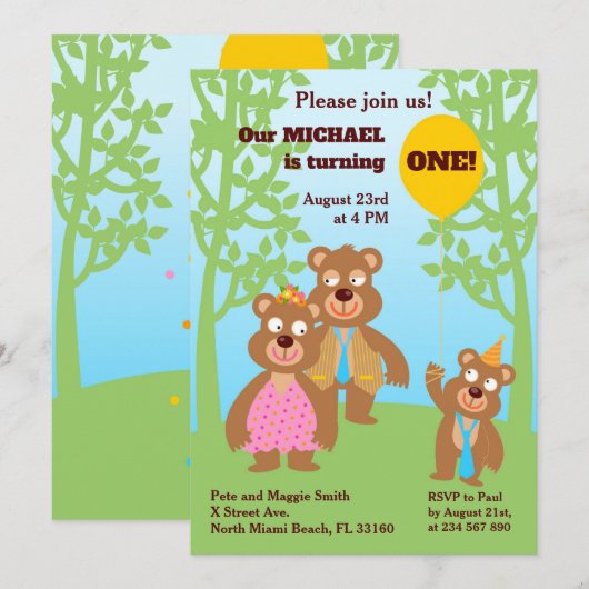 1歳の誕生日 ハニーベア ファミリーパーティー 招待状 (正面/裏面)