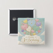 1歳の誕生日 パステルハートバルーンの花束 缶バッジ (正面&裏面)