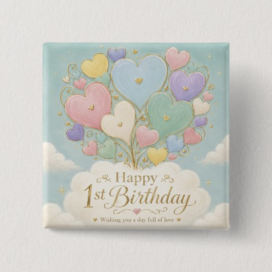 1歳の誕生日 パステルハートバルーンの花束 缶バッジ (正面)