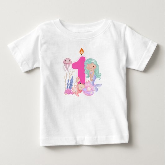 1歳の誕生日 パステルマーメイドと海の生き物 ベビーTシャツ (正面)